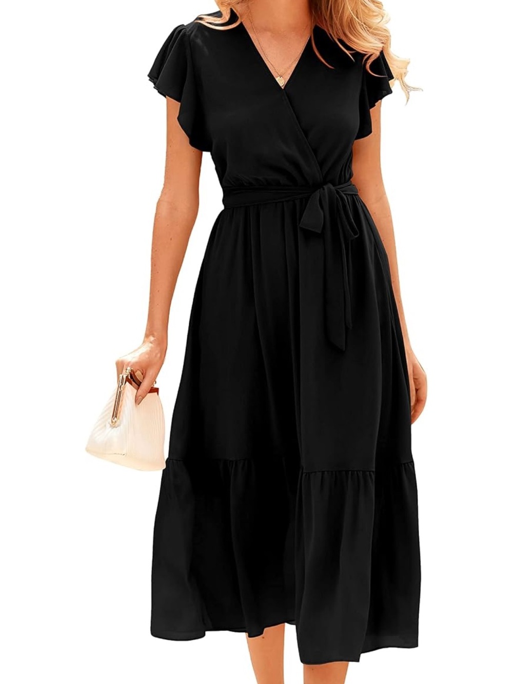 Women Summer Bohemian Wrap V Neck Ruffle Cap Sleeveless Belt Dress